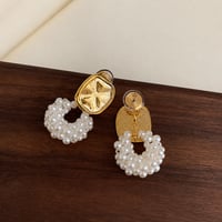 gold square motif pearl circle earrings　SH1115
