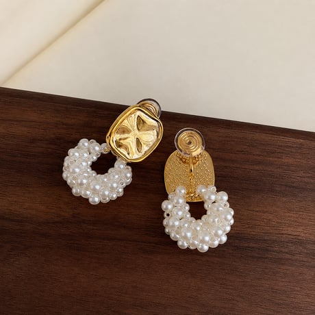 gold square motif pearl circle earrings　SH1115