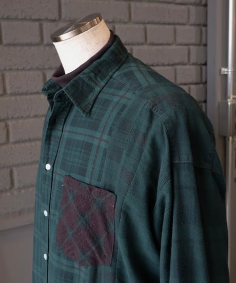 〈REBUILD by NEEDLES〉Flannel Shirt -> 7 Cuts Wide Shirt / Over Dye Green