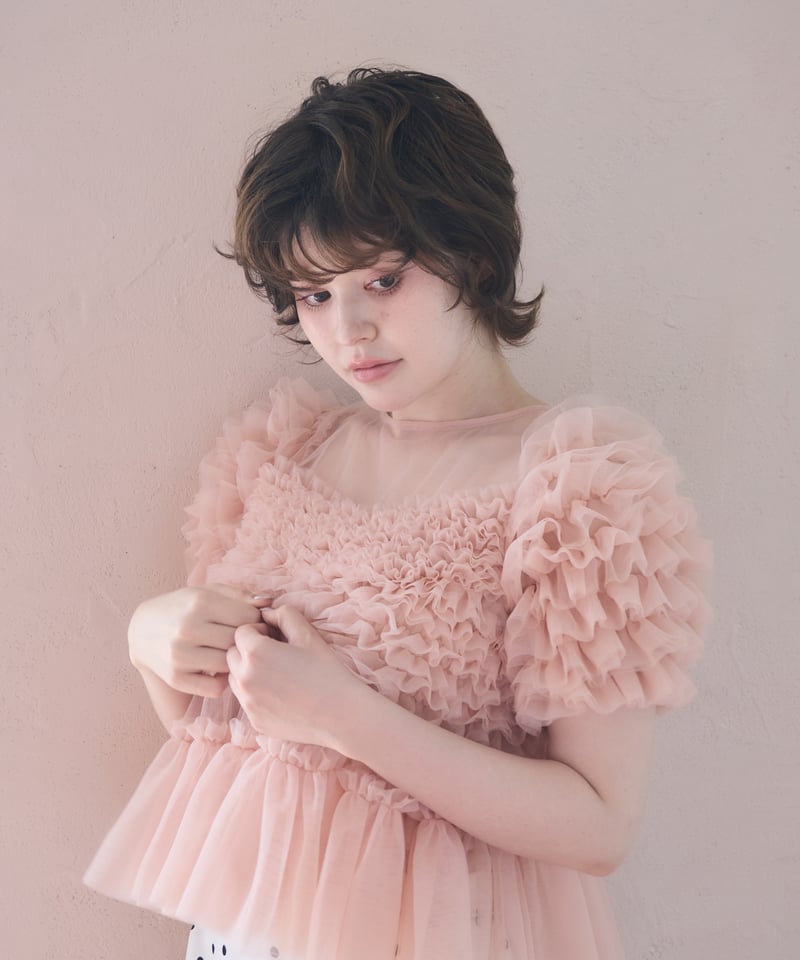 sherbet tulle frill blouse(pink) | sovisoon.off