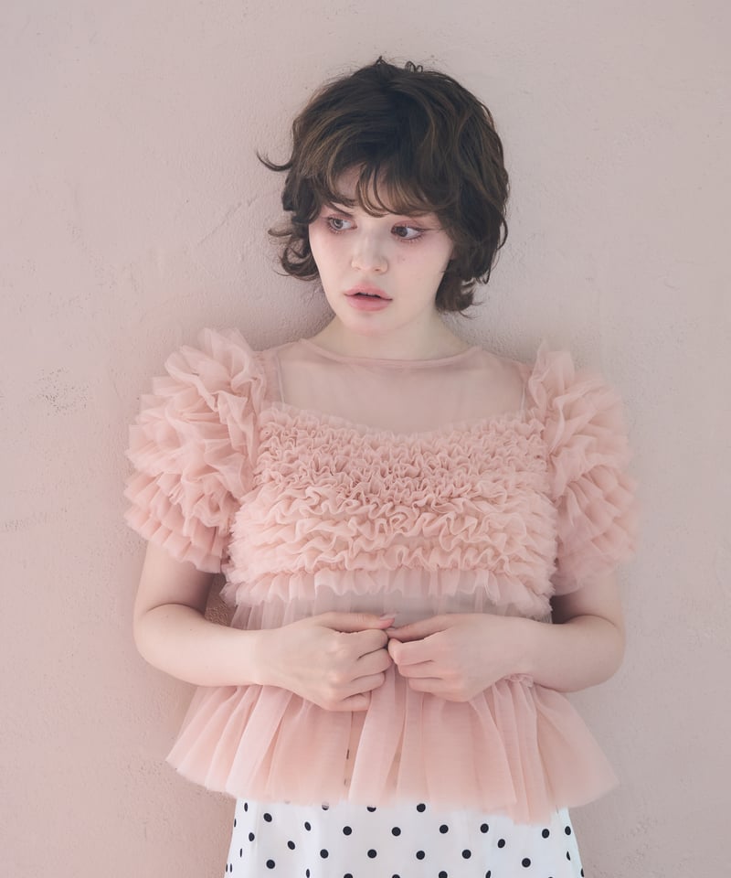 sherbet tulle frill blouse(pink) | sovisoon.off