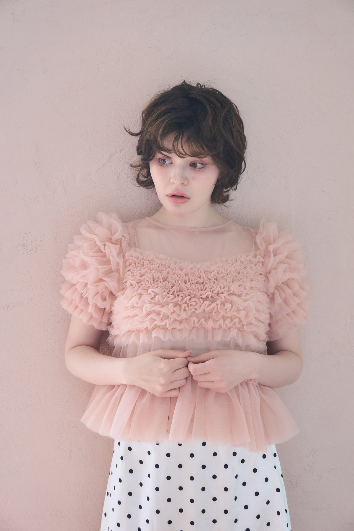 sherbet tulle frill blouse(pink) | sovisoon.off