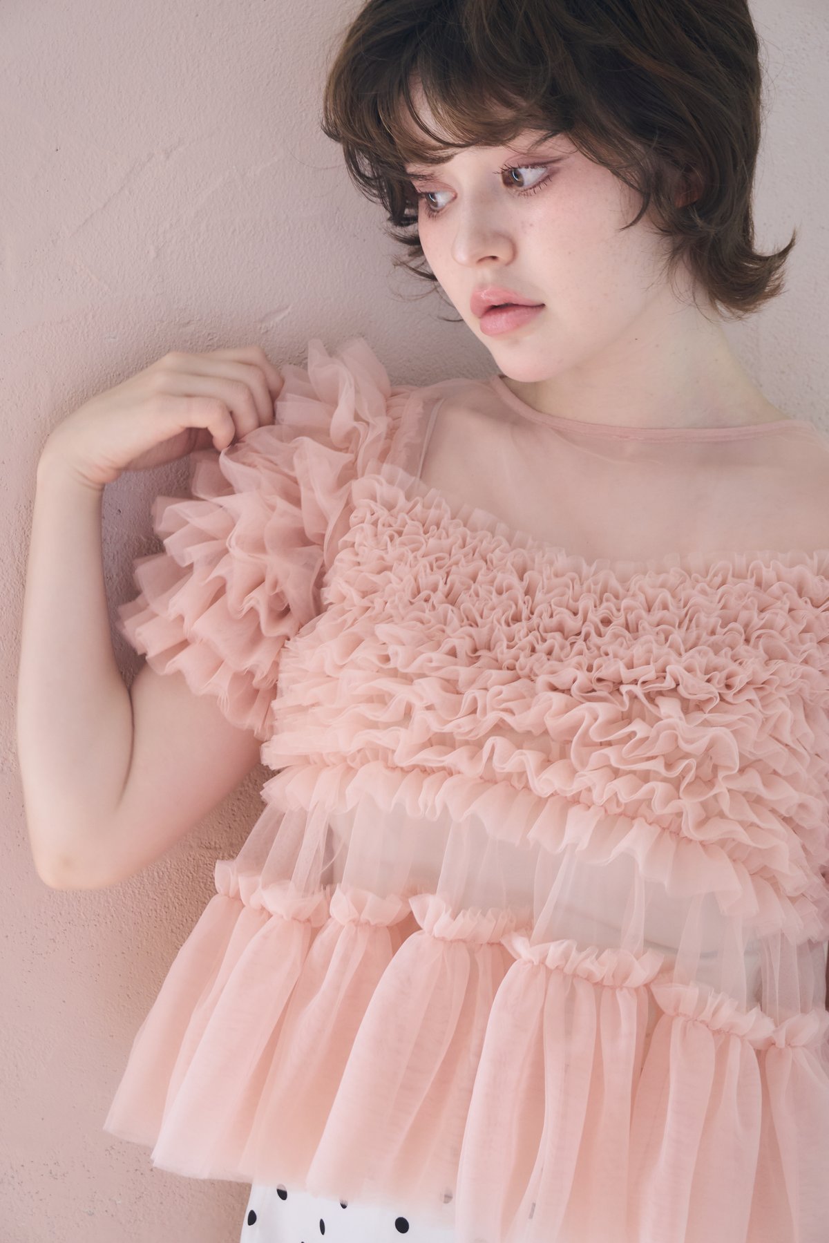 sovisoon rosette tulle peplum blouse ピンク sherbet tulle frill blouse(pink) | sovisoon.off