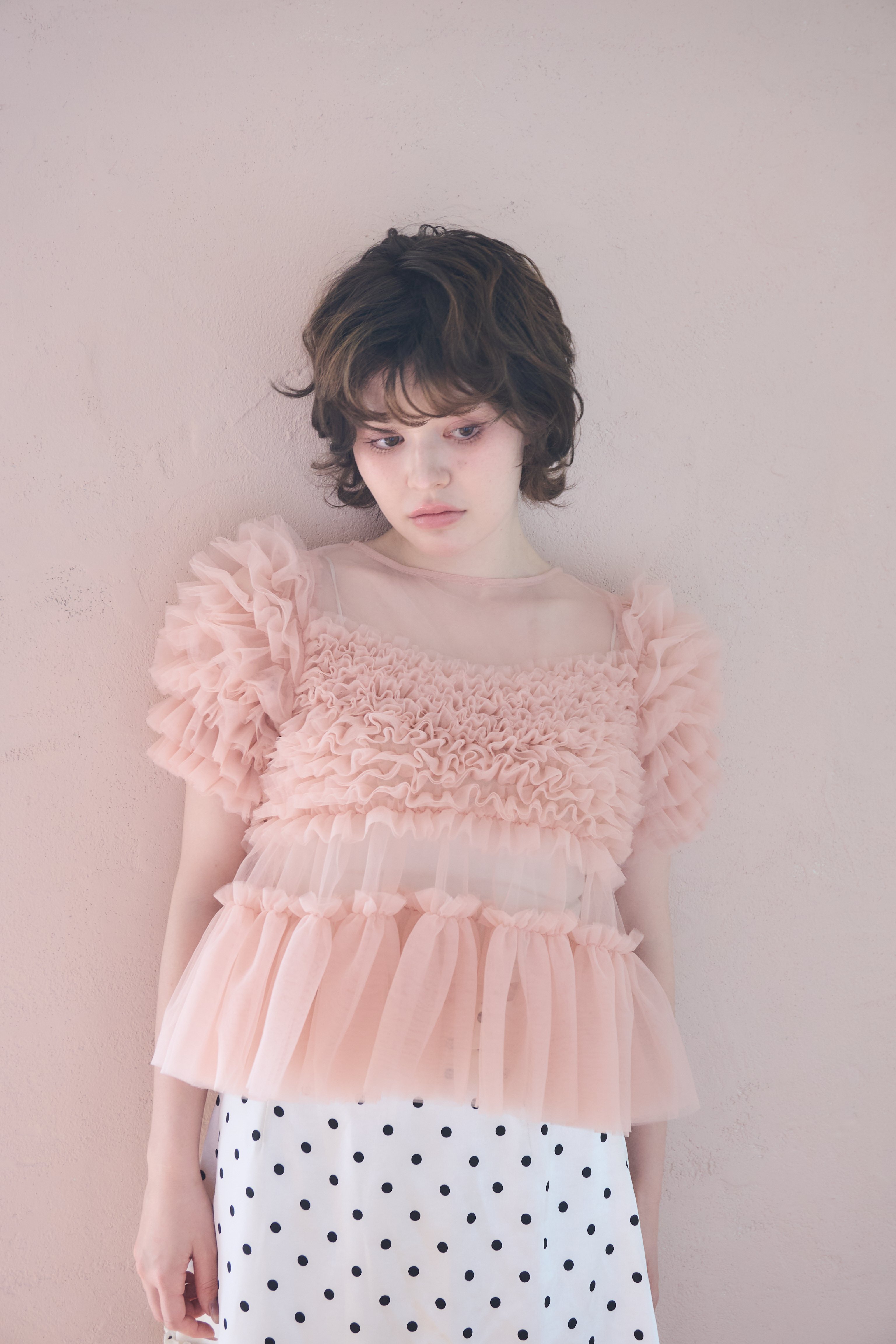 sherbet tulle frill blouse(pink) | sovisoon.off