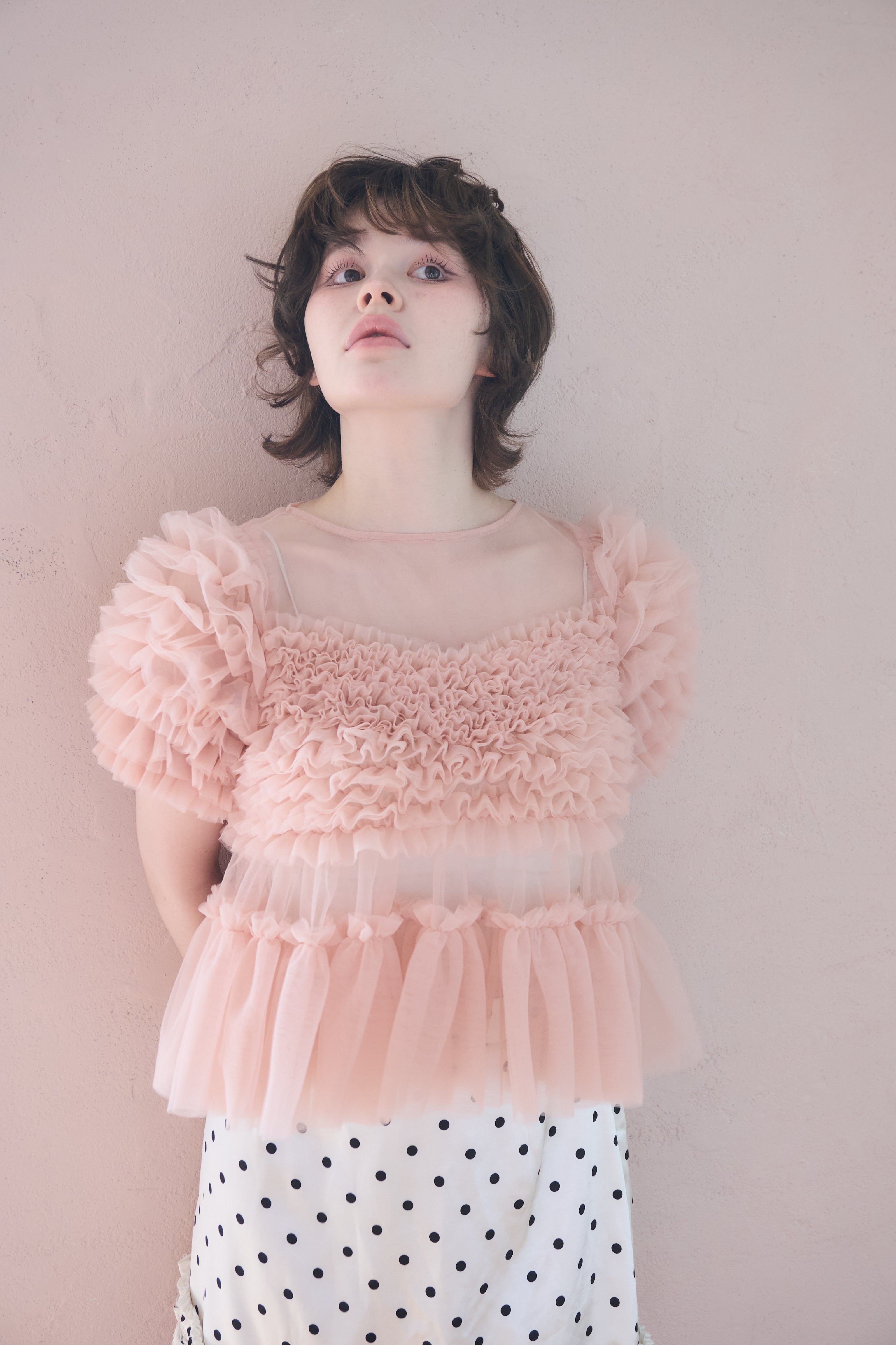 sherbet tulle frill blouse(pink) | sovisoon.off