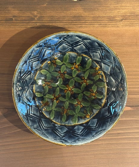 岡本芳久 刻文浅鉢 藍釉 1