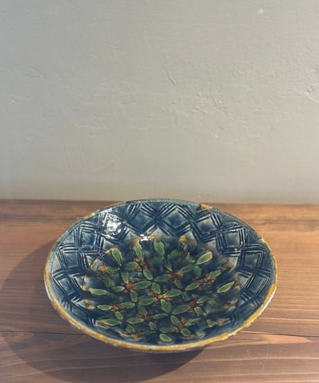 岡本芳久 刻文浅鉢 藍釉 2