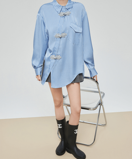 Chinese Knot Striped Oversized Shirt