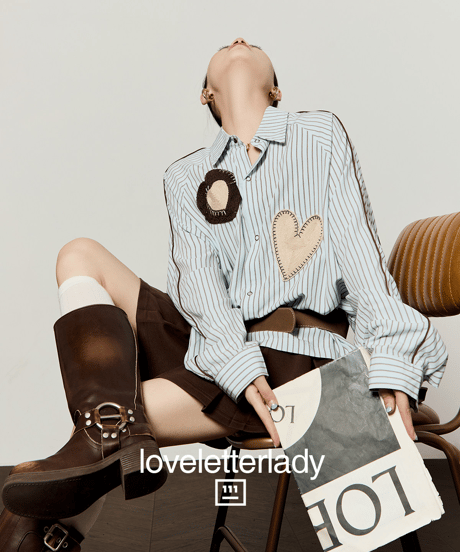 Heart Patch Striped Oversized Shirt