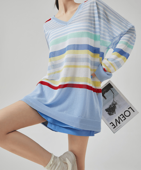Rainbow Stripe V-Neck Sheer Knit Pullover