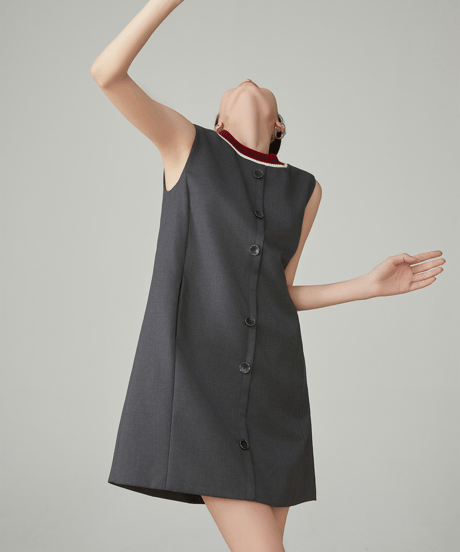 Rib Neck Front Button Sleeveless Mini Dress