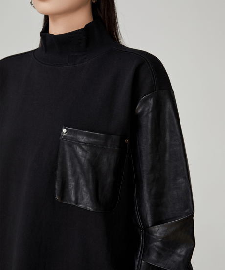 Leather Sleeves High Neck Oversized Sweatshirt