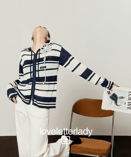 Flower Motif Striped Zip Hoodie