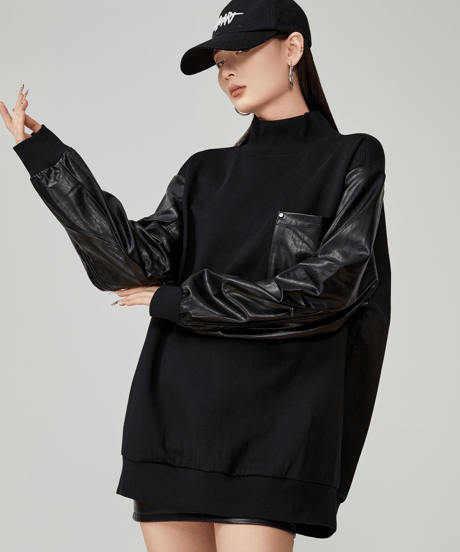 Leather Sleeves High Neck Oversized Sweatshirt