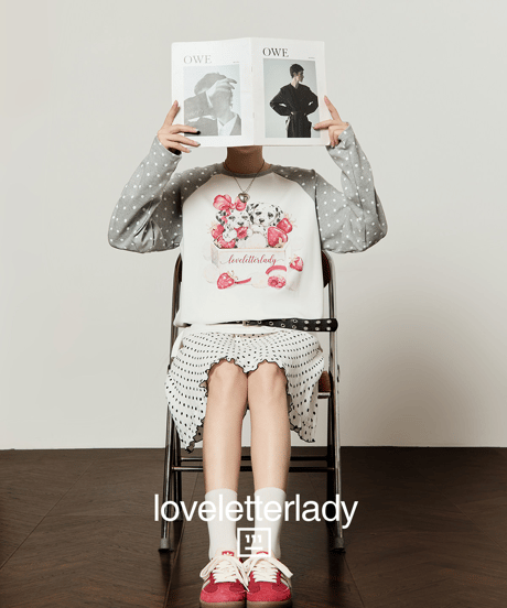 Strawberry Puppy Printed Polka Dot Raglan Long Sleeve T-Shirt