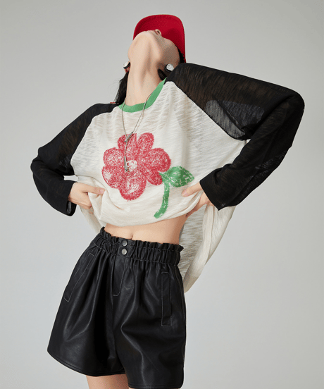 Flower Graphic Sheer Raglan Long Sleeve Tee  / 2colors