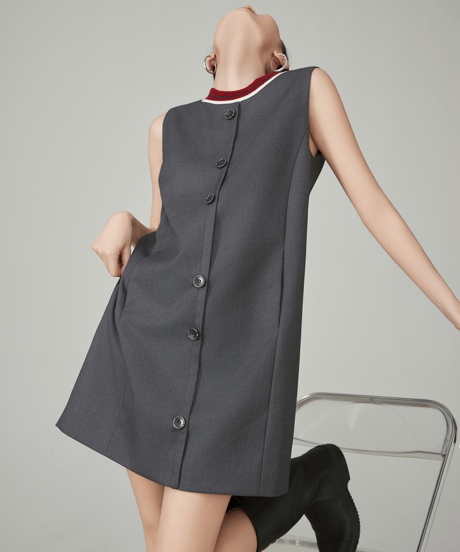 Rib Neck Front Button Sleeveless Mini Dress