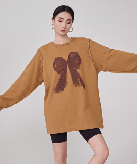 Ribbon Print Oversized Long Sleeve T-Shirt