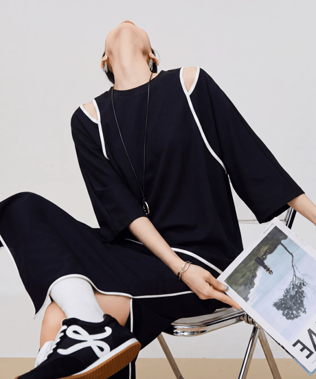Open Shoulder Piping Tops & Slit Long Skirt