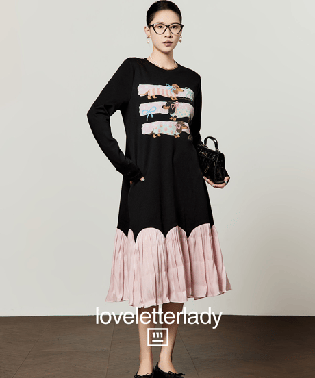 Dachshund Print Layered Long Sleeve Dress