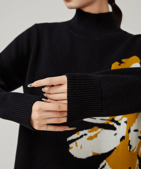 Big Flower Jacquard High Neck Knit Dress