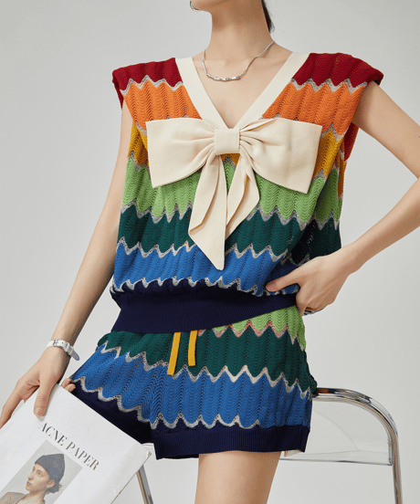 Rainbow Wave Crochet Knit Bow Vest & Shorts Set