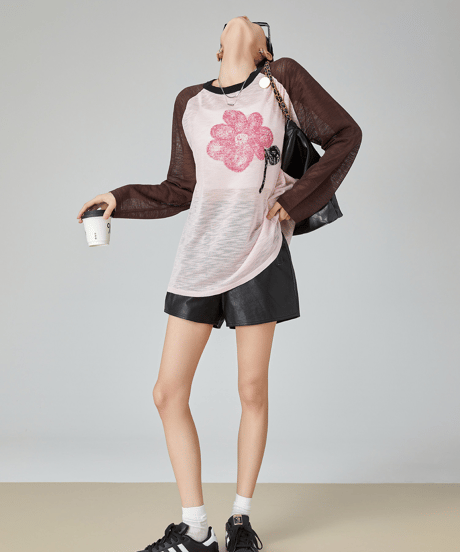 Flower Graphic Sheer Raglan Long Sleeve Tee  / 2colors