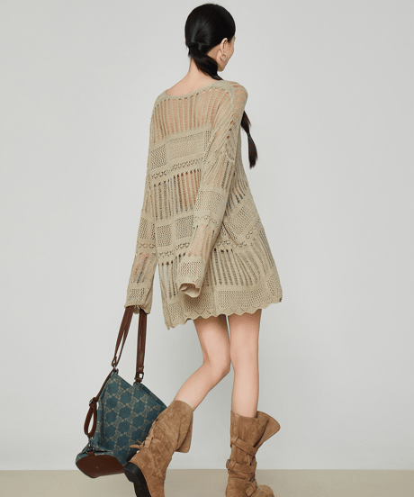 Oversized Crochet Openwork Knit Sweater