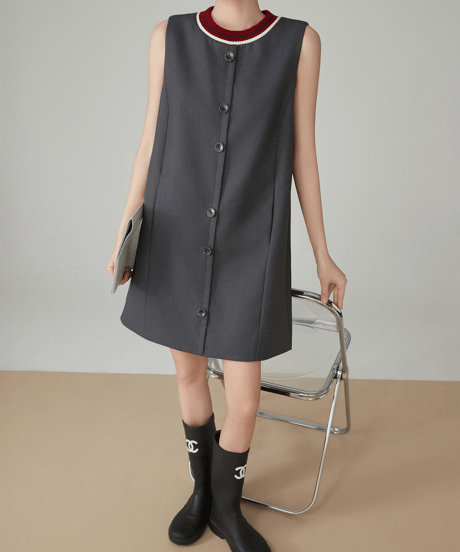 Rib Neck Front Button Sleeveless Mini Dress