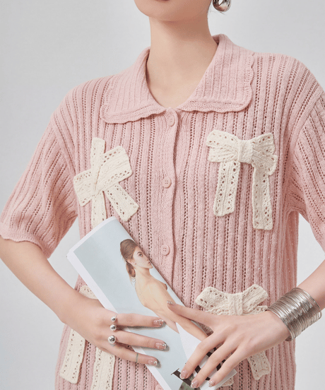 Lace Bow Accent Short Sleeve Knit Polo Cardigan