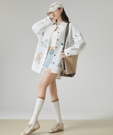Doodle Embroidery Oversized Button-Shirt