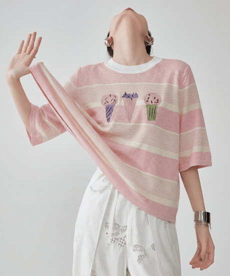 Ice Cream Embroidery Border Short Sleeve Knit Top
