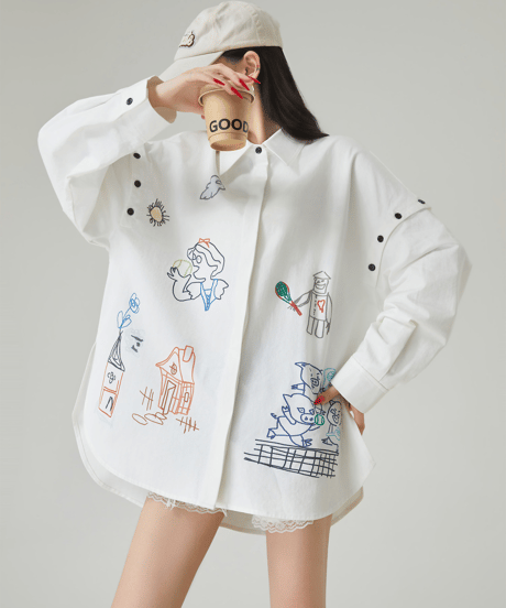 Doodle Embroidery Oversized Button-Shirt