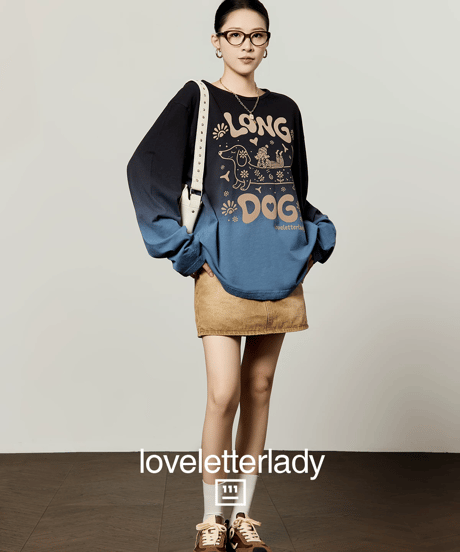Vintage Gradient Long Dog Printed Long Sleeve T-Shirt