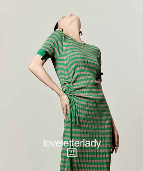 Striped Ribbon Sleeve Drawstring Knit Dress