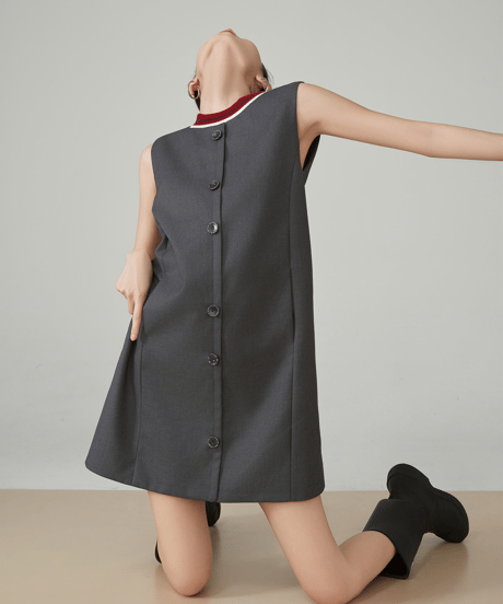 Rib Neck Front Button Sleeveless Mini Dress