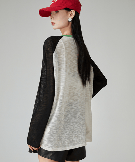 Flower Graphic Sheer Raglan Long Sleeve Tee  / 2colors