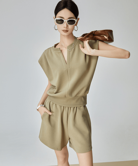 V-Neck Sleeveless Sweat Top & High Waist Shorts Set