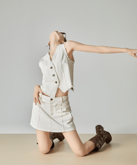 Fringe Denim Vest & Mini Skirt Setup
