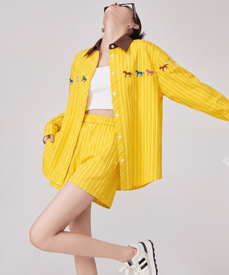 Horse Embroidery Striped Shirt & Shorts Set