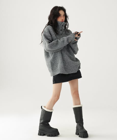 High Neck Half Button Cable Knit Sweater  / 2colors