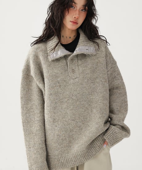 High Neck Half Button Cable Knit Sweater  / 2colors