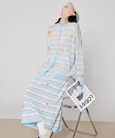 Striped Graphic Knit Cardigan & Long Skirt Set