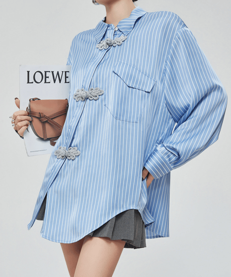 Chinese Knot Striped Oversized Shirt