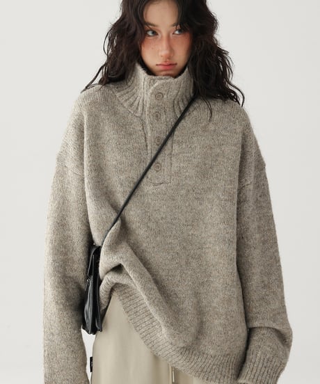 High Neck Half Button Cable Knit Sweater  / 2colors