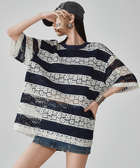 Lace Striped Oversized T-shirt