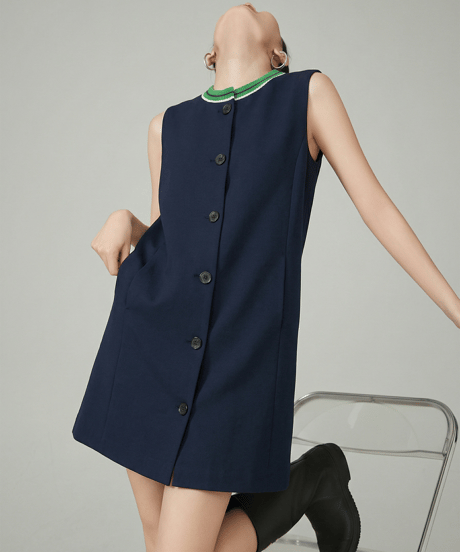 Contrast Rib Neck Button-Front Sleeveless Mini Dress