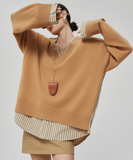 Striped Shirt Layered V-Neck Knit Pullover
