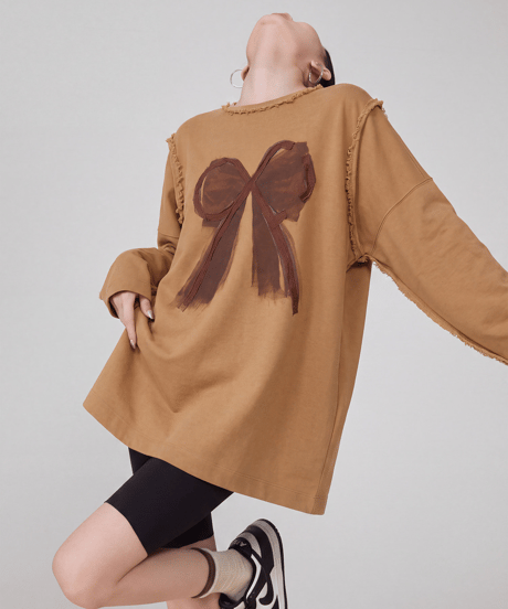 Ribbon Print Oversized Long Sleeve T-Shirt