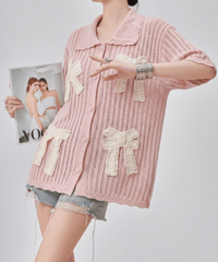 Lace Bow Accent Short Sleeve Knit Polo Cardigan
